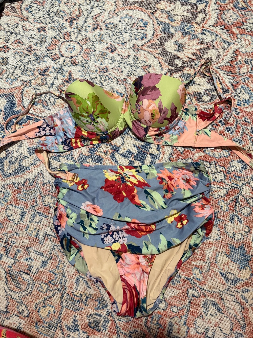 Anthropologie Floral Underwire Bikini Set in Lime, Blue & Pink